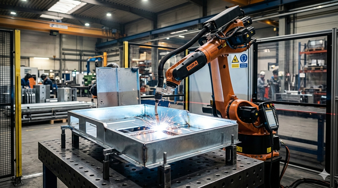 An industrial robotic arm performing automated welding on a galvanized steel enclosure in a modern sheet metal processing facility.